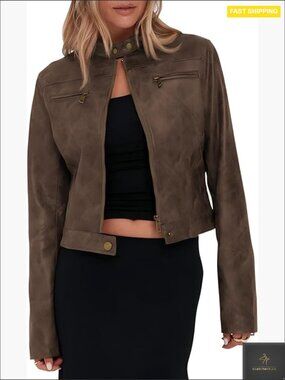 Vintage Cropped Faux Leather Jacket Zip Up Motorcycle Coat Short Stand Collar